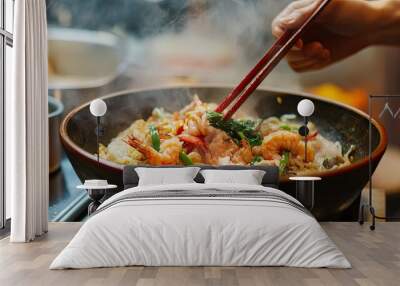 Steaming Shrimp and Noodle Dish with Chopsticks Wall mural