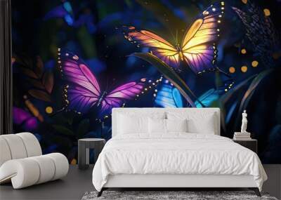 Three Luminous Butterflies Resting in a Dark Garden Wall mural