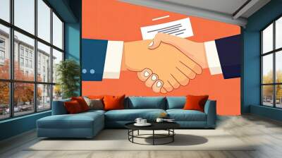 Two Business People Shaking Hands with a Business Card Between Them Wall mural