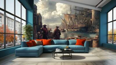 Two Pirates Standing on a Dock by a Large Ship and Stone Buildings Wall mural