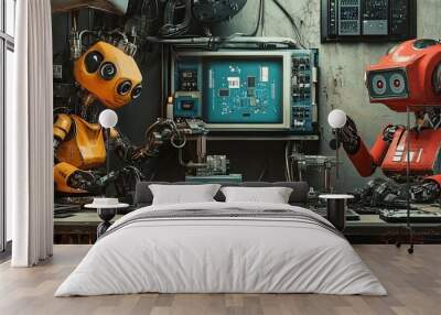 Two Robots Working on Electronics in a Futuristic Workshop Wall mural