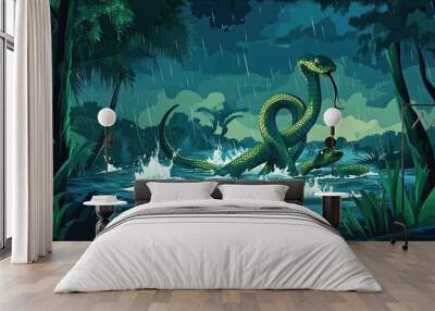 Two Snakes Swimming in a Tropical Rainforest River During a Rainstorm Wall mural