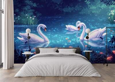 Two Swans Swimming in a Blue Lake Surrounded by Lush Greenery and Glowing Lights Wall mural