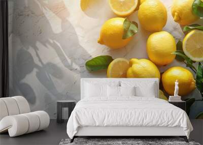 A Cluster of Lemons with Green Leaves on White Marble Wall mural