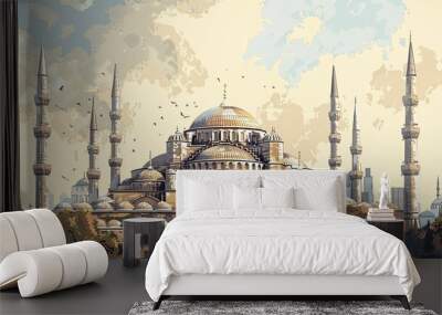 A Detailed Illustration of the Sultan Ahmed Mosque in Istanbul Wall mural