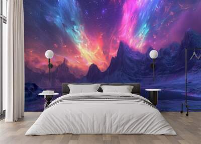 A Frozen Lake Beneath A Colorful Aurora Borealis In A Mountainous Landscape Wall mural