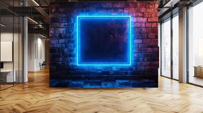 A Glowing Blue Neon Square on a Brick Wall Wall mural