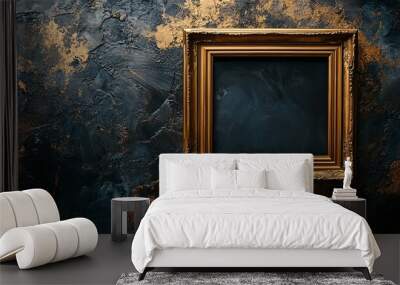 A Golden Frame on a Dark Blue and Gold Wall Wall mural