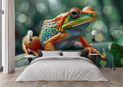 A Vibrant Green and Orange Frog on a Green Leaf Wall mural