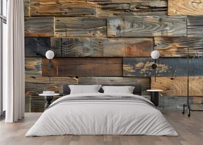 A Wall Constructed of Various Sized and Colored Wooden Planks Wall mural