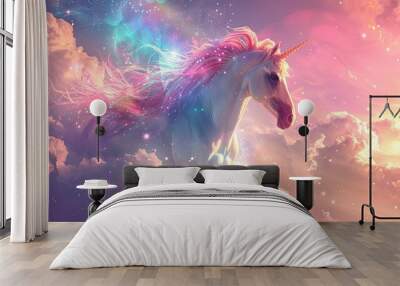 A White Unicorn with a Pink Mane and a Golden Horn Soaring Through Clouds Wall mural