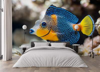 A Yellow and Blue Spotted Fish Swimming in a Coral Reef Wall mural