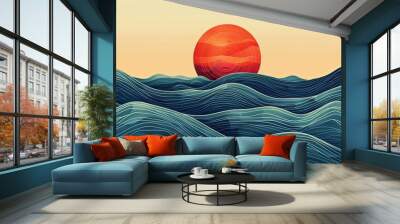 Abstract Art Depicting a Red Sun Setting Over Wavy, Layered, Teal Ocean Wall mural