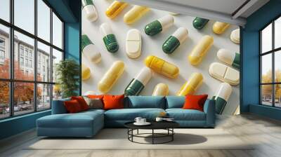 Assorted Capsules and Tablets on a White Surface Wall mural