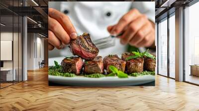 Chef Serving Grilled Steak with Green Sauce and Garnish Wall mural