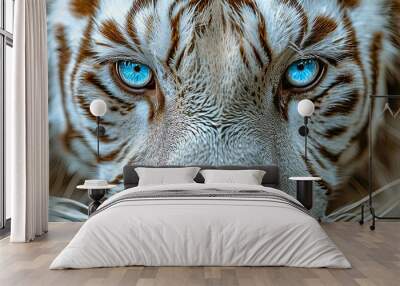 Close-up of a White Tiger's Face with Striking Blue Eyes Wall mural