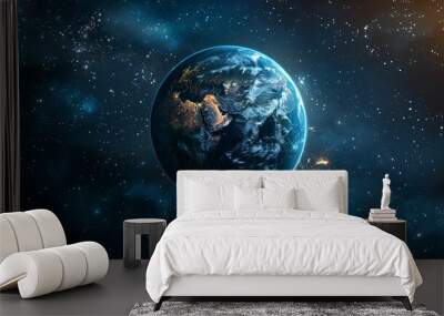 Earth at Night with Stars and a Galaxy in the Background Wall mural