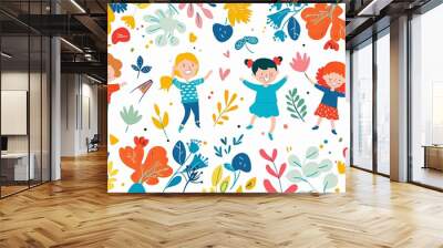 Four Children Joyfully Playing in a Floral Garden Wall mural