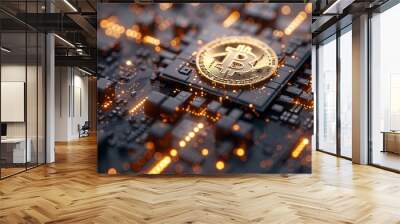 Golden Bitcoin Cryptocurrency on Circuit Board with Glowing Lights Wall mural