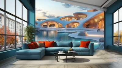 Modern Architectural Design Featuring a Swimming Pool and Rocky Landscape Wall mural