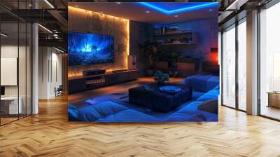 Modern Home Theater Room with Blue Lighting and a Cozy Seating Arrangement Wall mural