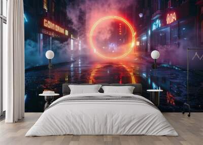 Neon Lit City Street with a Glowing Circular Portal Wall mural