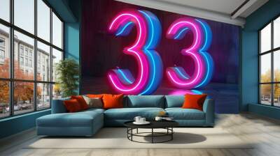 Neon Pink and Blue 3D Number 33 on Dark Background Wall mural