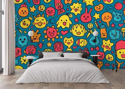 Seamless Pattern of Colorful Cartoon Faces and Objects Wall mural