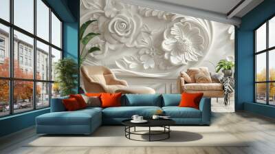 Two Tan Armchairs with Floral Wall Decor and Plants Wall mural