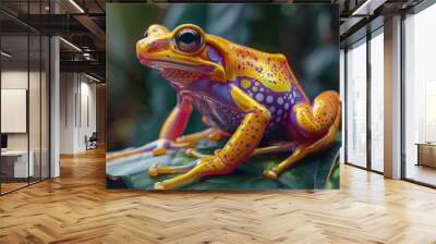 Vibrant Yellow and Purple Frog Perched on a Green Leaf Wall mural