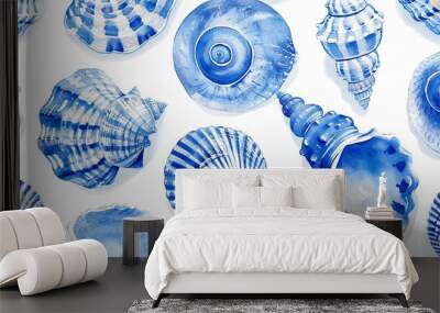 Watercolor Blue Seashells on White Background Wall mural