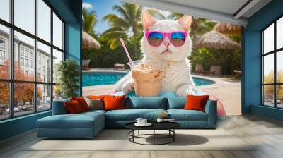 Cat Wearing Sunglasses Relaxing by the Pool with a Refreshing Drink Wall mural