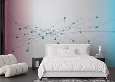 a network diagram with interconnected nodes.The nodes are colored in shades of blue and pink, with blue nodes predominantly on the right side and pink nodes on the left. Wall mural