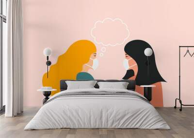 Illustration of two young women talking wearing a medical face mask. Vector Wall mural