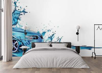 cartoon illustration of a blue car splashed with liquid and copy space for advertising banner poster design Wall mural