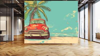 cartoon illustration of vintage red car on the beach and surfboard with copy space, summer themed advertising decoration card poster banner design Wall mural