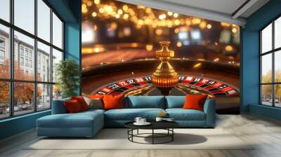 Close-up of a spinning roulette wheel with a golden glow, surrounded by warm, festive bokeh lights symbolizing excitement and luck.
 Wall mural