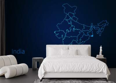 Abstract High Detailed Glow Blue Map on Dark Background of Map of India symbol for your web site design map logo, app, Travel. Vector illustration eps 10.	
 Wall mural