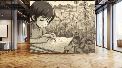 illustration of a child writing at a study table with a study lamp shining on it Wall mural