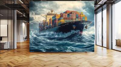 Massive Cargo Ship Navigating Through a Stormy Ocean Wall mural