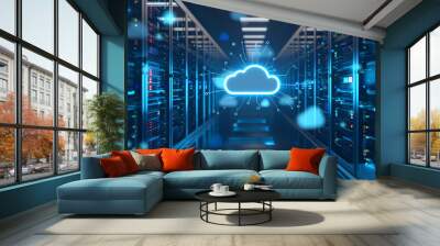 Server room with cloud on ceiling modern technology data center concept Wall mural