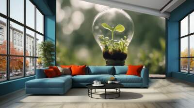 view of plants growing in light bulb in nature background Wall mural