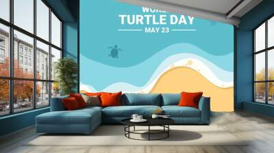 Baby turtle heading to sea after hatching, as world turtle day banner or poster, vector illustration. Wall mural