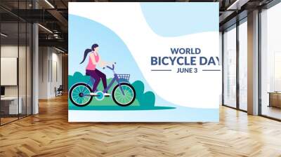 Vector illustration of a girl cycling on a nature background, as a banner, poster or template for world bicycle day. Wall mural