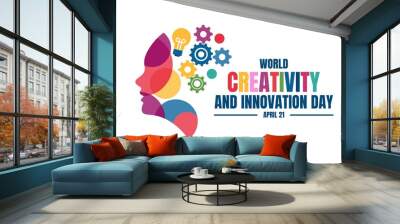 Vector illustration of a head with a bulb and cog, as a banner, poster or template on world creativity and innovation day. Wall mural