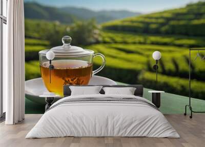 Hot green tea with mint, on wooden table. Wall mural