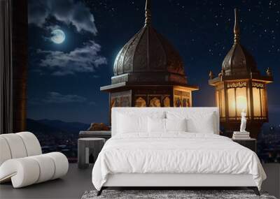 Islamic lantern in night with moon. Wall mural