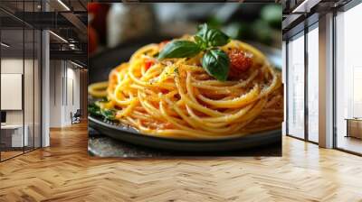 A plate of spaghetti with tomato sauce, fresh basil, and Parmesan cheese. Wall mural