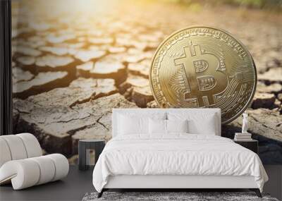 A single gold bitcoin coin sits on cracked, dry ground. The sun shines through the cracked soil, casting a warm glow on the coin. Wall mural