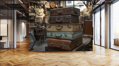 A stack of vintage suitcases in an antique shop. Wall mural